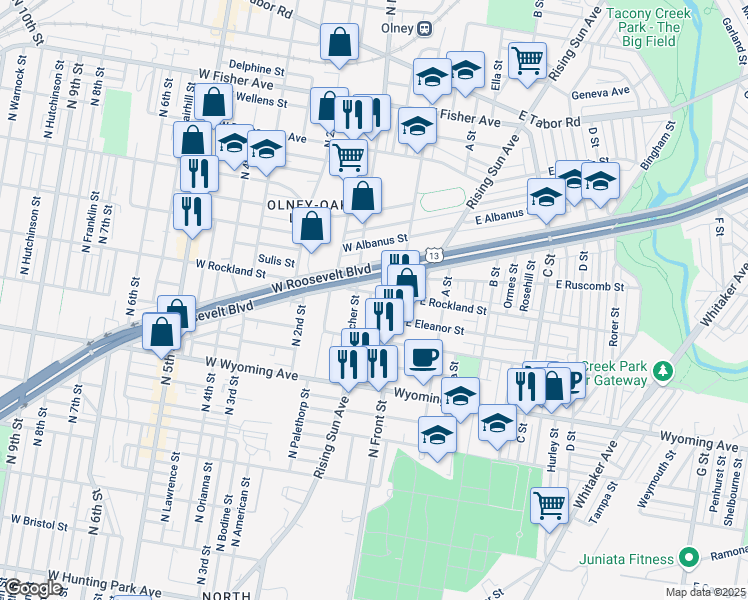 map of restaurants, bars, coffee shops, grocery stores, and more near 4855 North Howard Street in Philadelphia