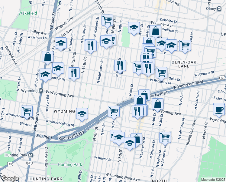map of restaurants, bars, coffee shops, grocery stores, and more near 4756 North Franklin Street in Philadelphia