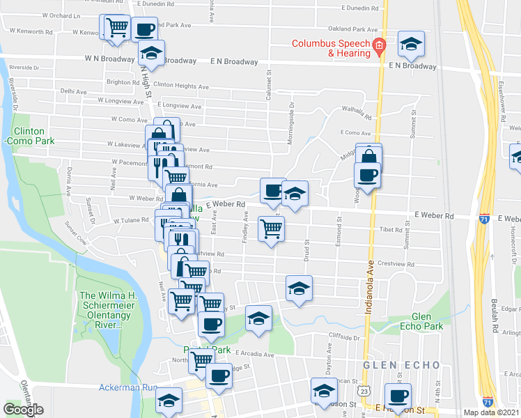 map of restaurants, bars, coffee shops, grocery stores, and more near 191 East Weber Road in Columbus