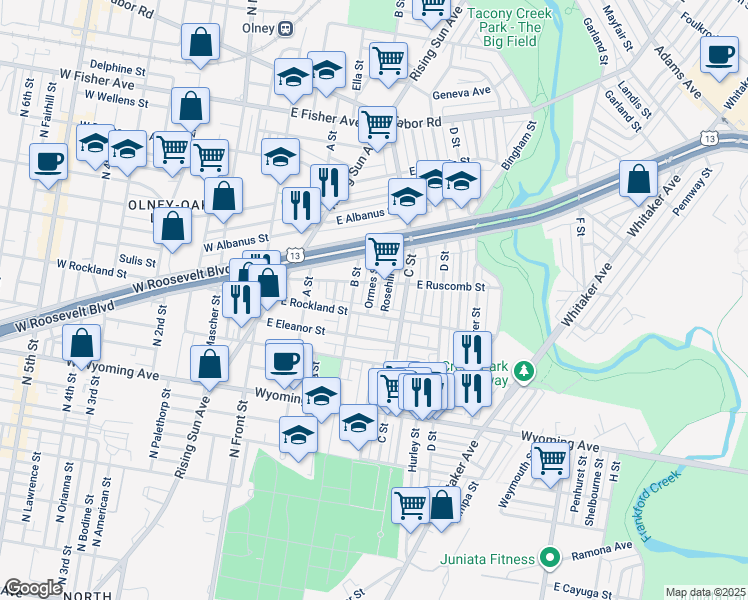 map of restaurants, bars, coffee shops, grocery stores, and more near 4923 Ormes Street in Philadelphia