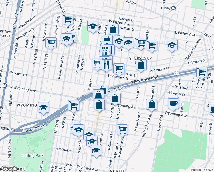 map of restaurants, bars, coffee shops, grocery stores, and more near 447 West Roosevelt Boulevard in Philadelphia