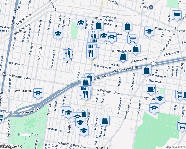 map of restaurants, bars, coffee shops, grocery stores, and more near 449 West Roosevelt Boulevard in Philadelphia