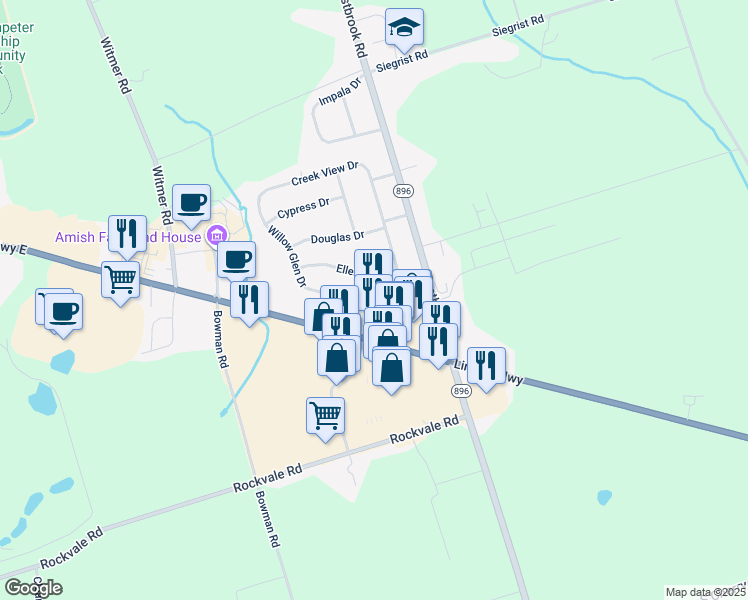 map of restaurants, bars, coffee shops, grocery stores, and more near 17 North Willowdale Drive in Lancaster