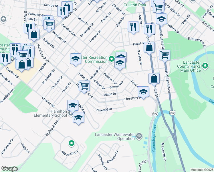 map of restaurants, bars, coffee shops, grocery stores, and more near 709 Garnet Avenue in Lancaster