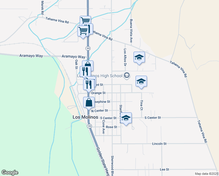 map of restaurants, bars, coffee shops, grocery stores, and more near 7857 Sherwood Blvd in Los Molinos