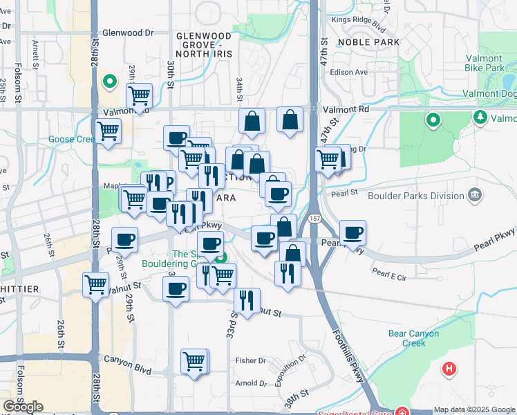 map of restaurants, bars, coffee shops, grocery stores, and more near 3501 Pearl Street in Boulder