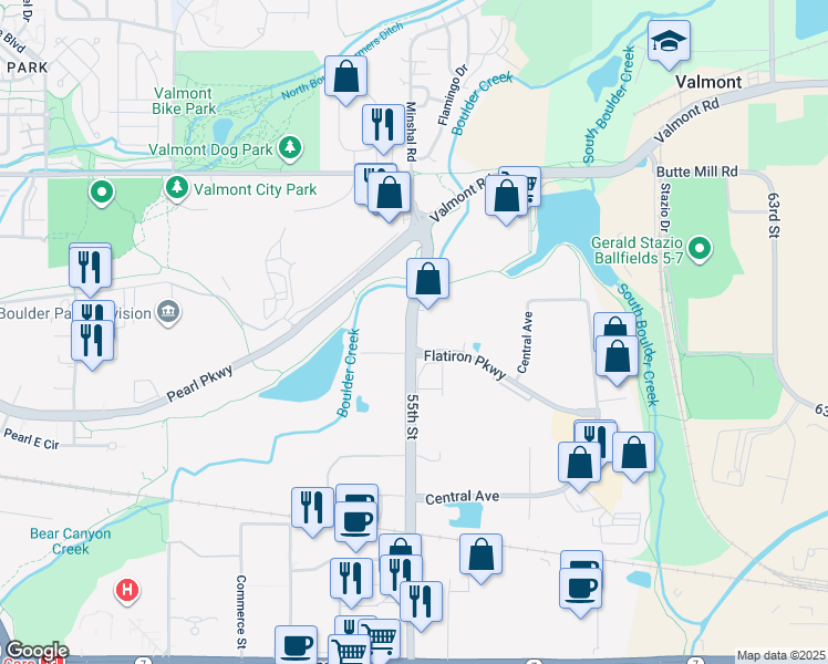 map of restaurants, bars, coffee shops, grocery stores, and more near 2500 55th Street in Boulder
