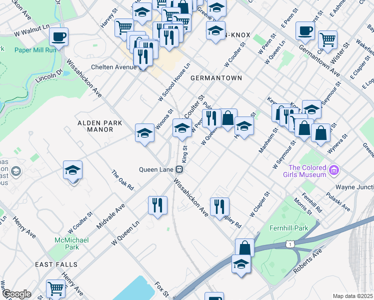 map of restaurants, bars, coffee shops, grocery stores, and more near 508 King Street in Philadelphia