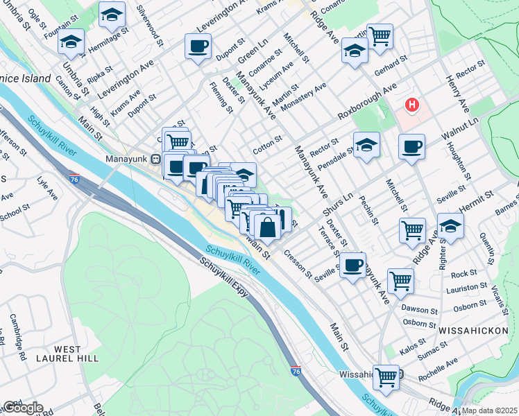 map of restaurants, bars, coffee shops, grocery stores, and more near 4175 Apple Street in Philadelphia