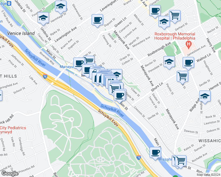 map of restaurants, bars, coffee shops, grocery stores, and more near 4235 Station Street in Philadelphia