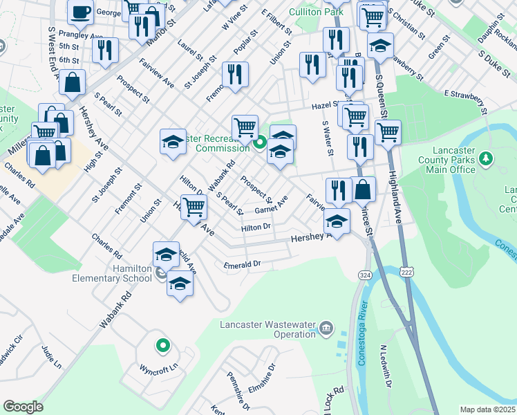 map of restaurants, bars, coffee shops, grocery stores, and more near 721 Garnet Avenue in Lancaster