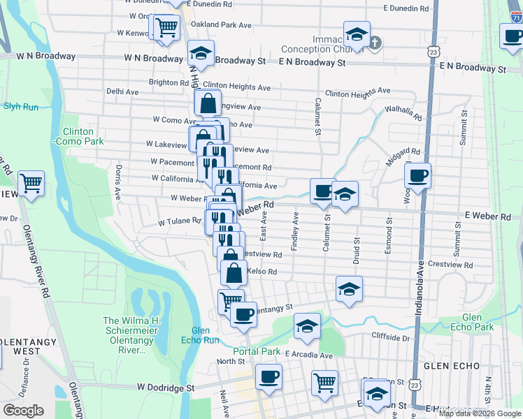 map of restaurants, bars, coffee shops, grocery stores, and more near 83 East Weber Road in Columbus
