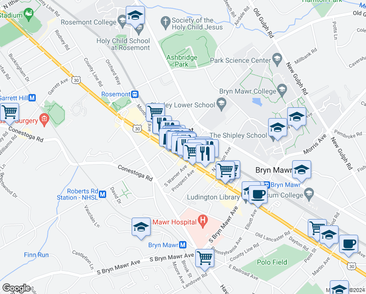 map of restaurants, bars, coffee shops, grocery stores, and more near 1047 Floyd Terrace in Bryn Mawr