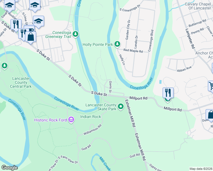 map of restaurants, bars, coffee shops, grocery stores, and more near 7 Juniata Avenue in Lancaster