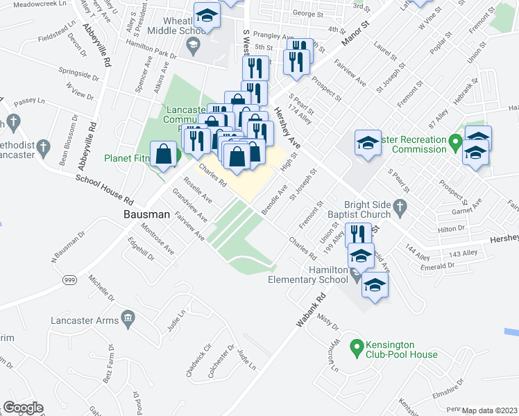 map of restaurants, bars, coffee shops, grocery stores, and more near 185 Charles Road in Lancaster