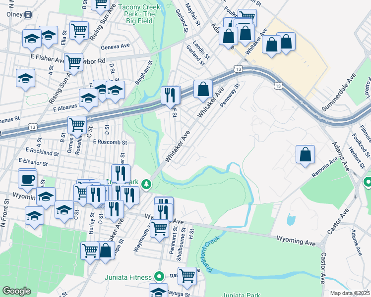 map of restaurants, bars, coffee shops, grocery stores, and more near 4994 Pennway Street in Philadelphia