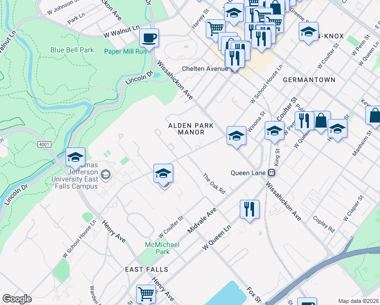 map of restaurants, bars, coffee shops, grocery stores, and more near 3831 The Oak Road in Philadelphia