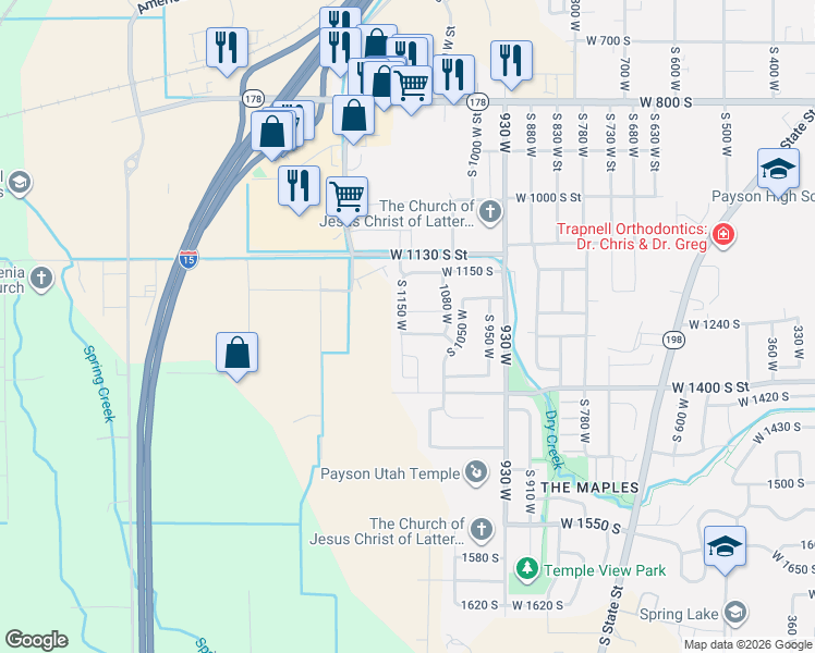 map of restaurants, bars, coffee shops, grocery stores, and more near 1298 W 1290 S in Payson