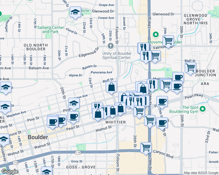 map of restaurants, bars, coffee shops, grocery stores, and more near 2475 Mapleton Avenue in Boulder