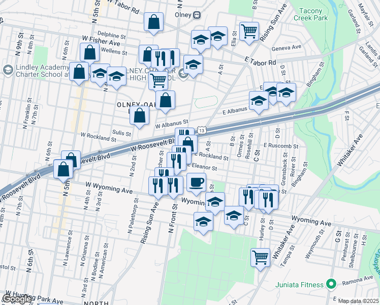 map of restaurants, bars, coffee shops, grocery stores, and more near 4901 Rising Sun Avenue in Philadelphia