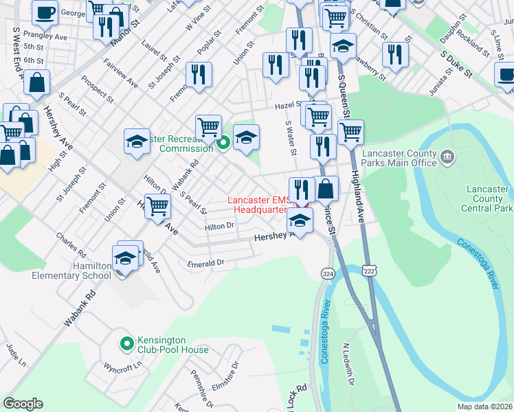 map of restaurants, bars, coffee shops, grocery stores, and more near 847 Hilton Drive in Lancaster