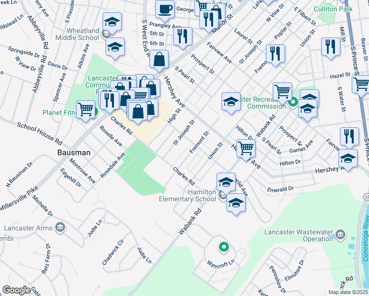 map of restaurants, bars, coffee shops, grocery stores, and more near 224 Euclid Avenue in Lancaster