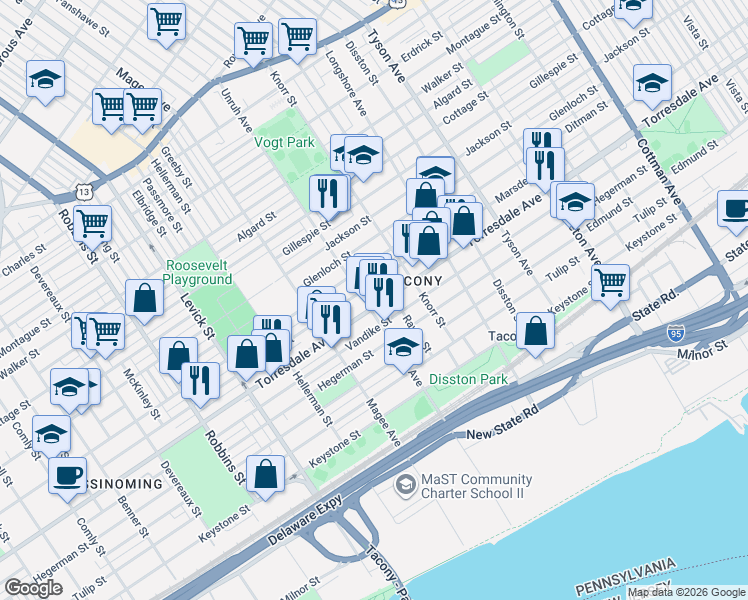 map of restaurants, bars, coffee shops, grocery stores, and more near in Philadelphia