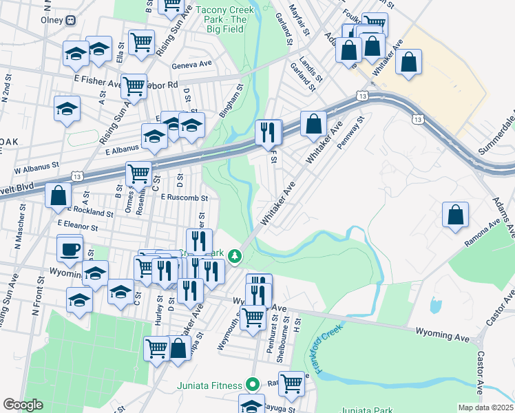 map of restaurants, bars, coffee shops, grocery stores, and more near 758 East Ruscomb Street in Philadelphia
