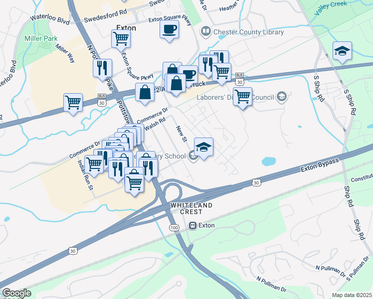 map of restaurants, bars, coffee shops, grocery stores, and more near 228 New Street in Exton