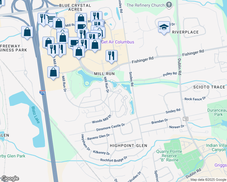 map of restaurants, bars, coffee shops, grocery stores, and more near 3586 Fishinger Mill Drive in Hilliard