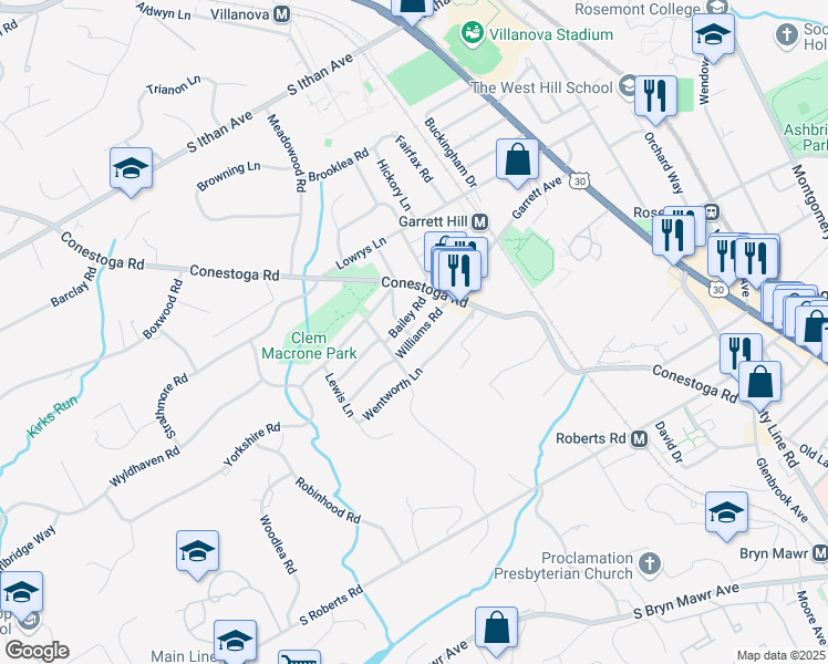 map of restaurants, bars, coffee shops, grocery stores, and more near 238 Williams Road in Bryn Mawr