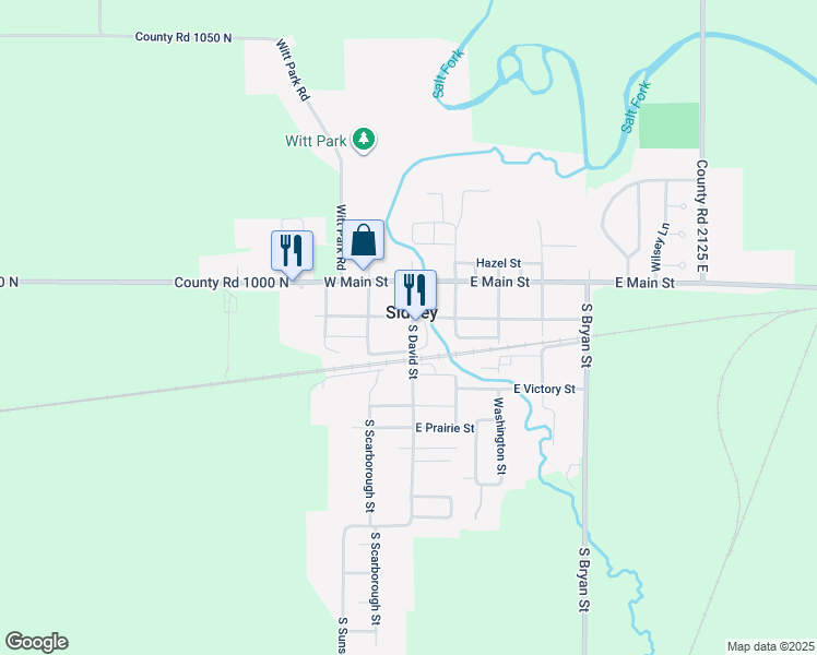 map of restaurants, bars, coffee shops, grocery stores, and more near 203 South David Street in Sidney