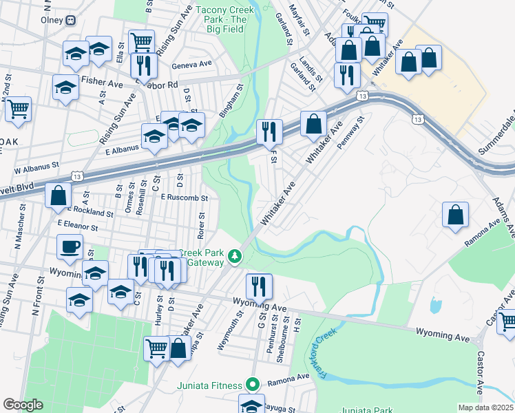 map of restaurants, bars, coffee shops, grocery stores, and more near 758 East Ruscomb Street in Philadelphia