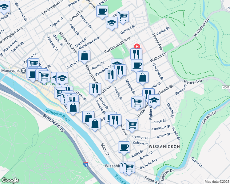 map of restaurants, bars, coffee shops, grocery stores, and more near 4054 Pechin Street in Philadelphia