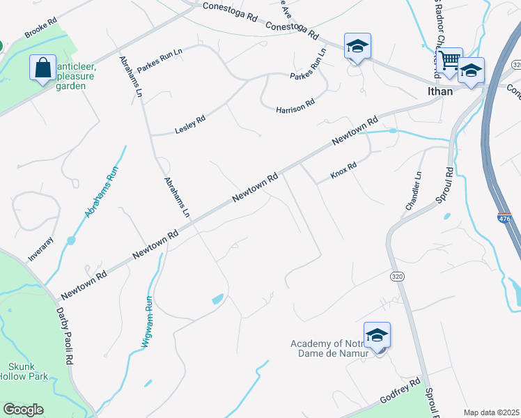 map of restaurants, bars, coffee shops, grocery stores, and more near Ivy Lane in Delaware County