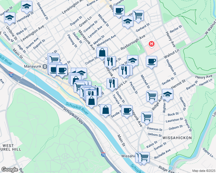 map of restaurants, bars, coffee shops, grocery stores, and more near 4123 Terrace Street in Philadelphia