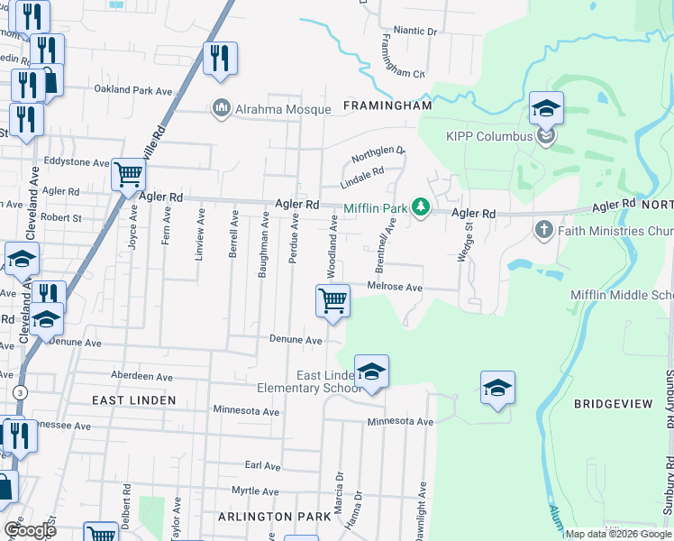 map of restaurants, bars, coffee shops, grocery stores, and more near 2722 Woodland Avenue in Columbus