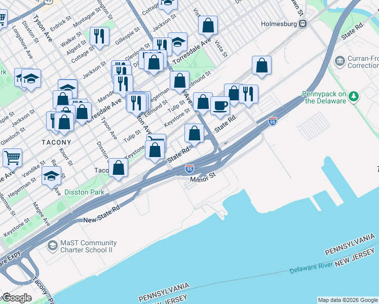 map of restaurants, bars, coffee shops, grocery stores, and more near 7165 State Road in Philadelphia