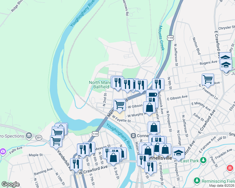 map of restaurants, bars, coffee shops, grocery stores, and more near 224 Memorial Boulevard in Connellsville