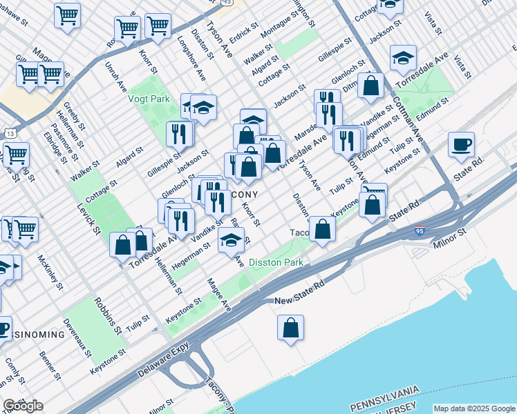 map of restaurants, bars, coffee shops, grocery stores, and more near 6812 Hegerman Street in Philadelphia