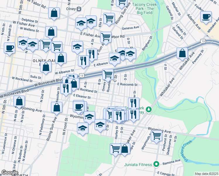 map of restaurants, bars, coffee shops, grocery stores, and more near 4927 Rosehill Street in Philadelphia