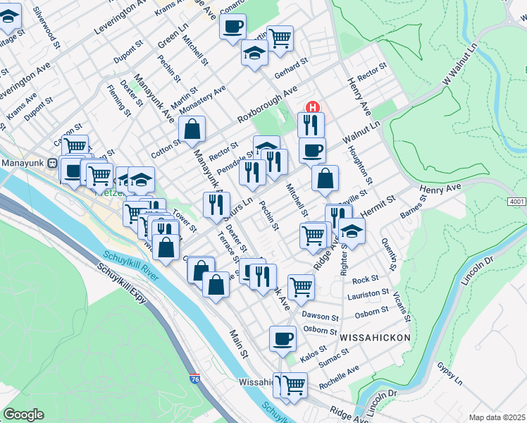 map of restaurants, bars, coffee shops, grocery stores, and more near 4054 Pechin Street in Philadelphia