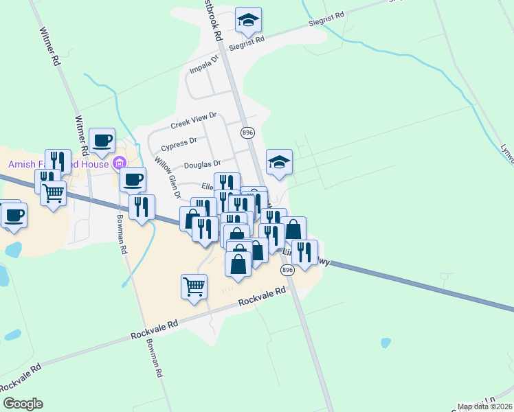map of restaurants, bars, coffee shops, grocery stores, and more near 30 Eastbrook Road in Ronks