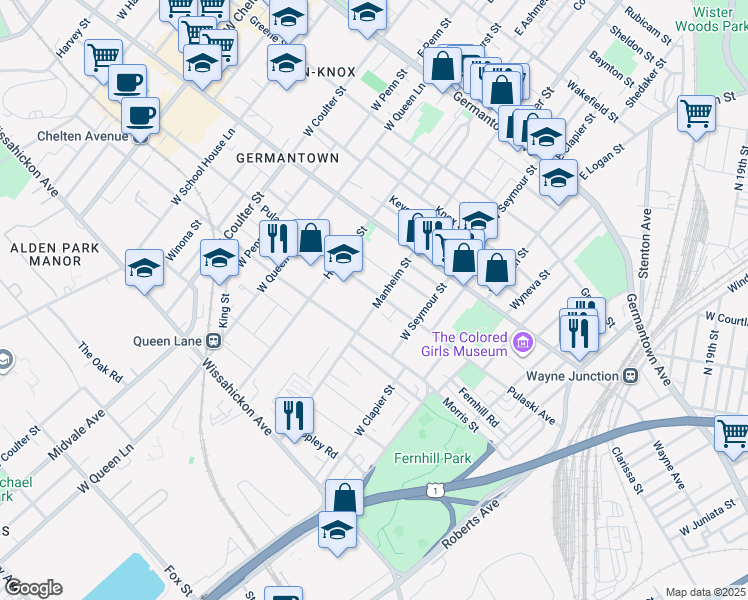 map of restaurants, bars, coffee shops, grocery stores, and more near 5102 Pulaski Avenue in Philadelphia