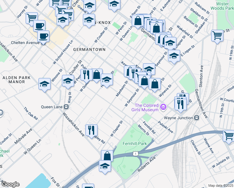 map of restaurants, bars, coffee shops, grocery stores, and more near 5100 Pulaski Avenue in Philadelphia