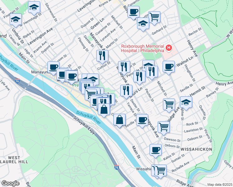 map of restaurants, bars, coffee shops, grocery stores, and more near 4128 Terrace Street in Philadelphia