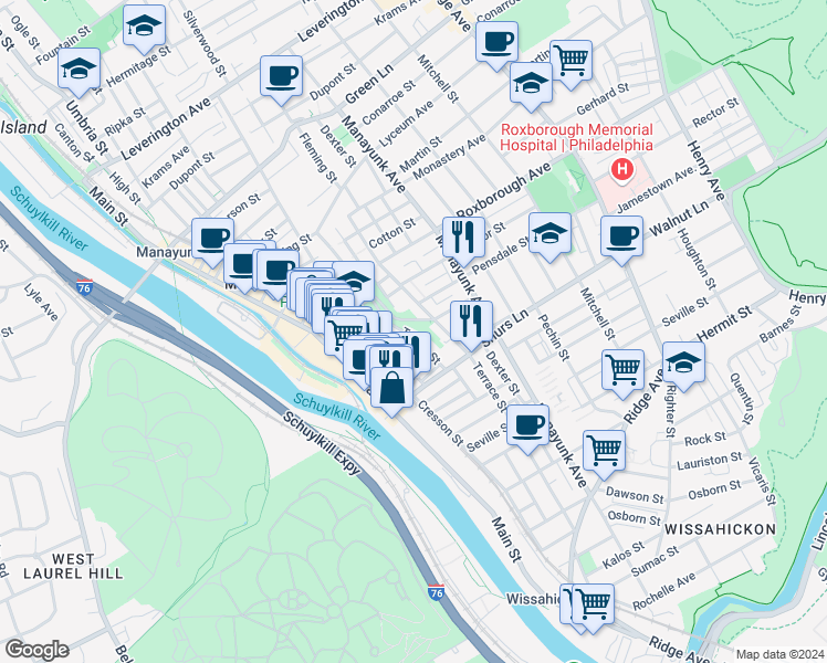 map of restaurants, bars, coffee shops, grocery stores, and more near 4161 Tower Street in Philadelphia