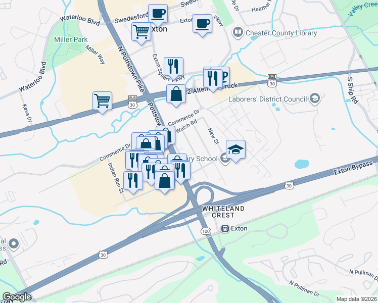 map of restaurants, bars, coffee shops, grocery stores, and more near 216 Crest Avenue in Exton