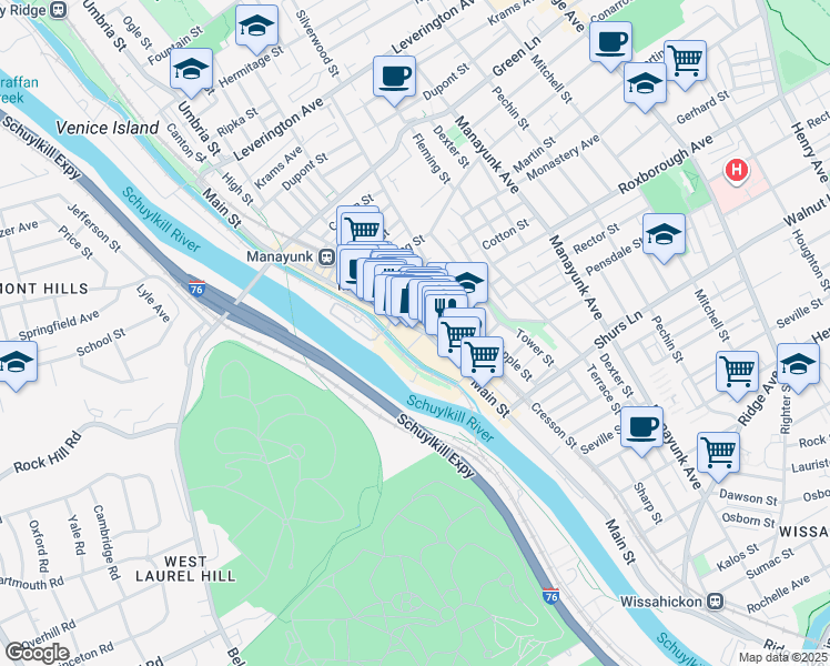 map of restaurants, bars, coffee shops, grocery stores, and more near 4313-17 Main Street in Philadelphia