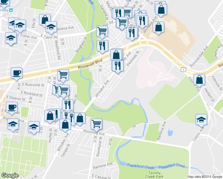 map of restaurants, bars, coffee shops, grocery stores, and more near 5003 Pennway Street in Philadelphia